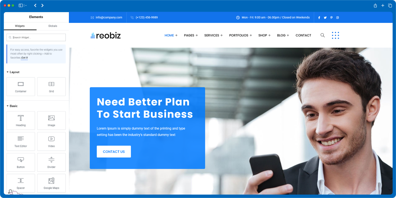 Reobiz WordPress theme banner preview screen 1